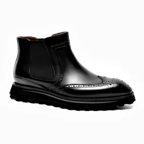 Elasticated Genuine Leather Mens Black Brogue Chelsea Boots (Style: 900H01A)