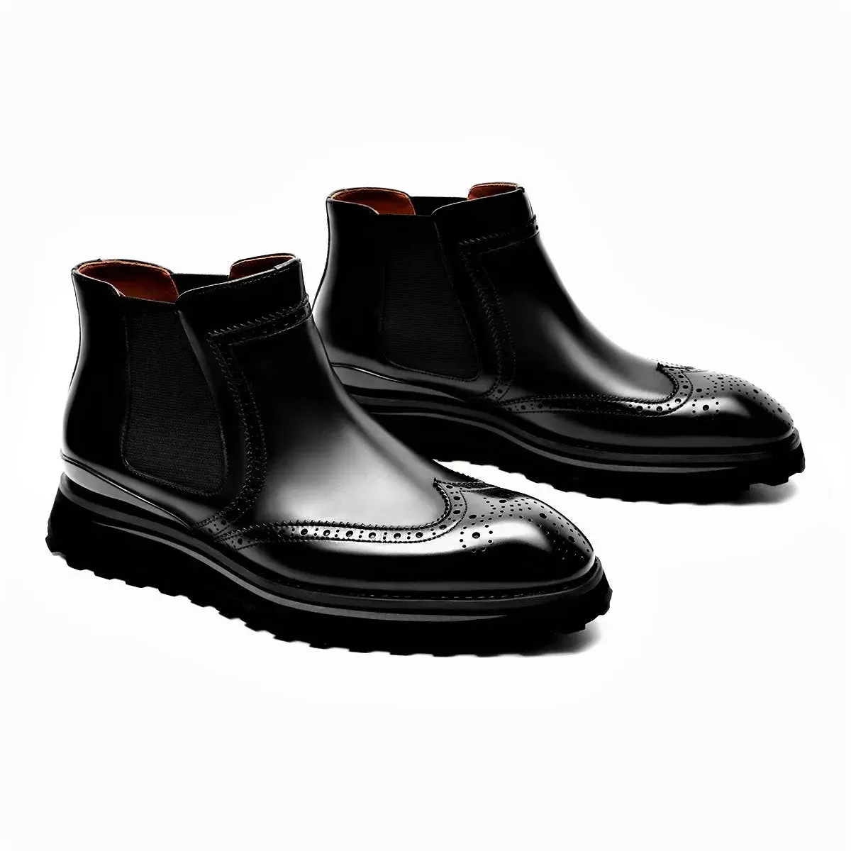 Elasticated Genuine Leather Mens Black Brogue Chelsea Boots (Style: 900H01A)