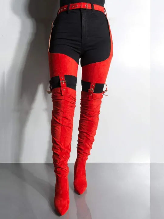 Mustard Red Suede Belt Thigh High Boots