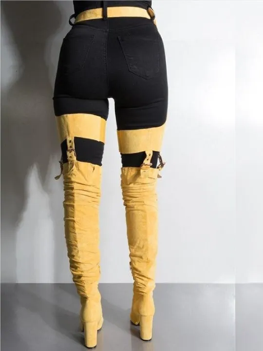 Chic Mustard Yellow Suede Thigh-High Belted Boots