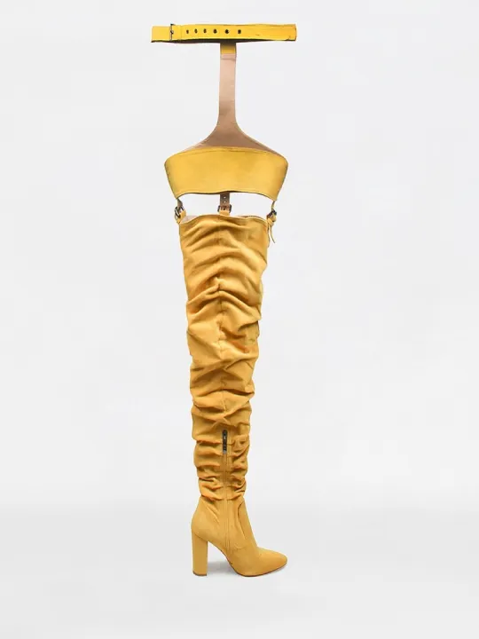 Chic Mustard Yellow Suede Thigh-High Belted Boots