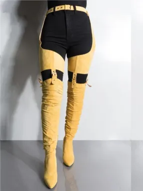 Chic Mustard Yellow Suede Thigh-High Belted Boots