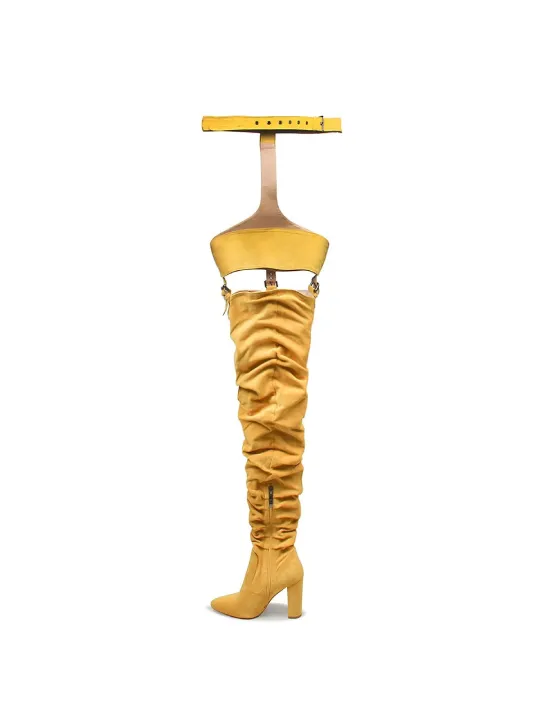 Chic Mustard Yellow Suede Thigh-High Belted Boots