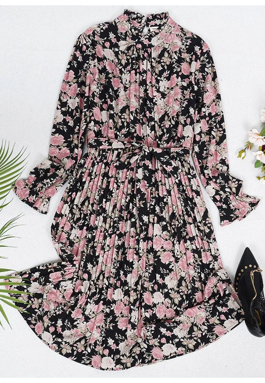 Tie Waist Pleated Floral Dress