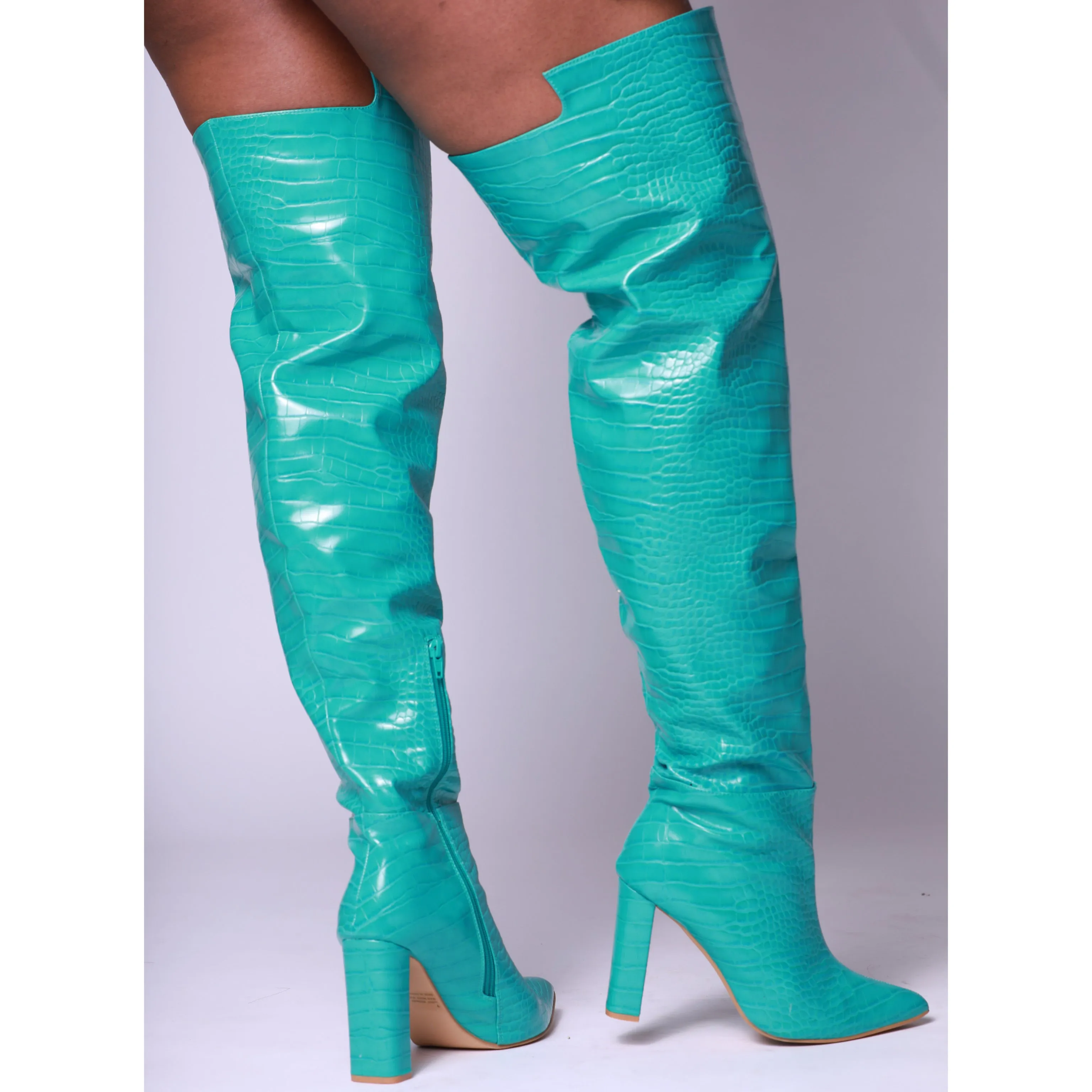 Turquoise Croc Print Block Heel Thigh High Boot